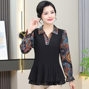 千丝鹿妈妈春装打底衫新款中年女装春秋上衣长袖中老年雪纺衫洋气