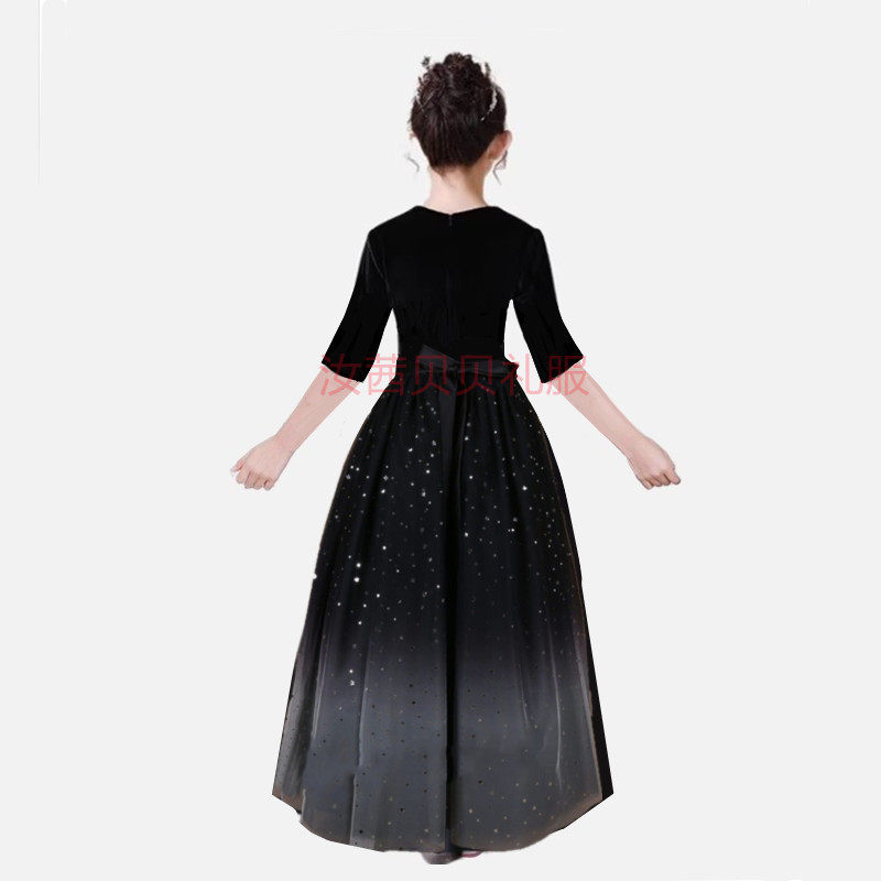 女童高端礼服裙主持人黑色渐变色长裙系带朗诵合唱提琴钢琴演出服