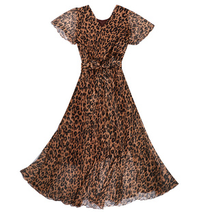 豹纹连衣裙长款过脚踝夏季显瘦雪纺及踝长裙拖地大摆超长沙滩裙