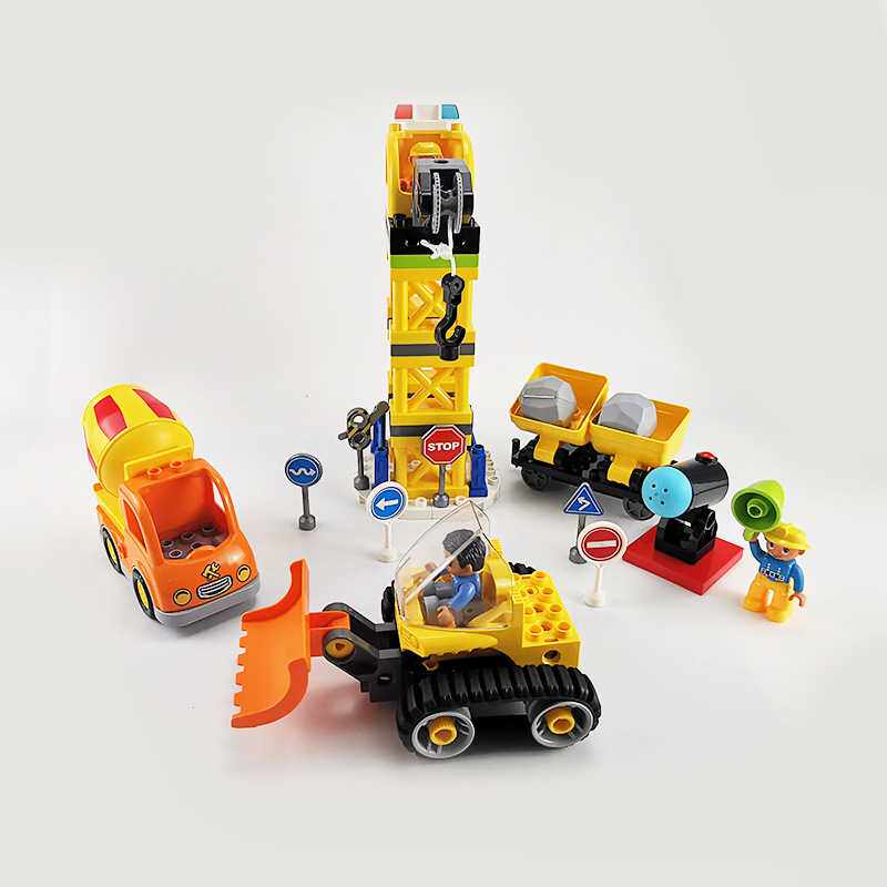 大颗粒积木益智拼装工地建筑吊塔吊臂转轮水泥车推土车石头散件