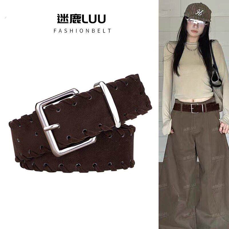 复古麂皮绒面编织腰带女款设计感小众装饰配牛仔裤皮带配饰高级感