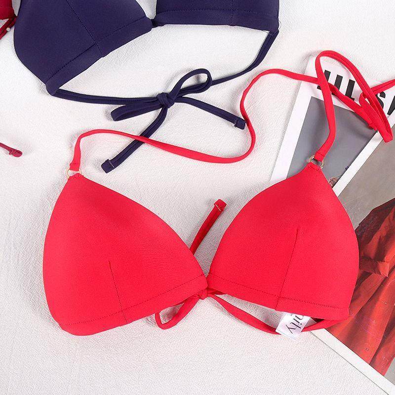 小可折扣新款女士分体泳衣小胸比基尼加厚固定胸垫绑绳挂脖游泳衣