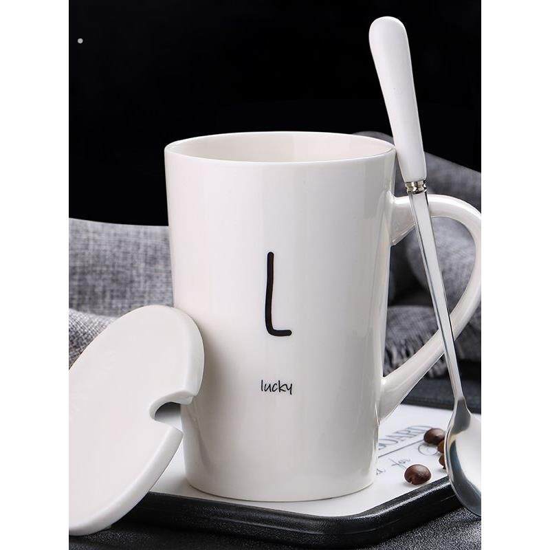陶瓷马克杯带盖勺咖啡杯家用情侣喝水杯杯子男生女生办公室茶杯