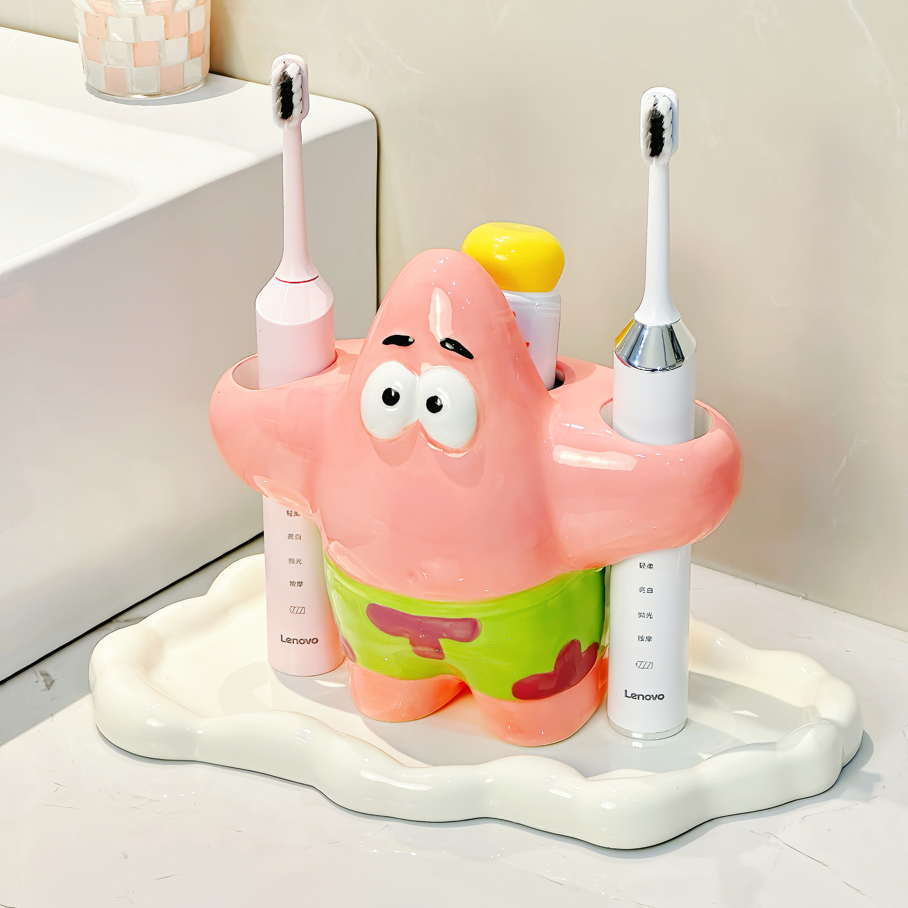 创意卡通派大星电动牙刷架家用卫生间台面陶瓷牙具牙膏收纳置物架