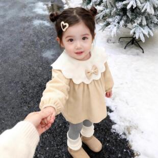 罩衣女宝宝外穿防脏洋气好看反穿衣女童蝴蝶结长袖加厚公主连衣裙