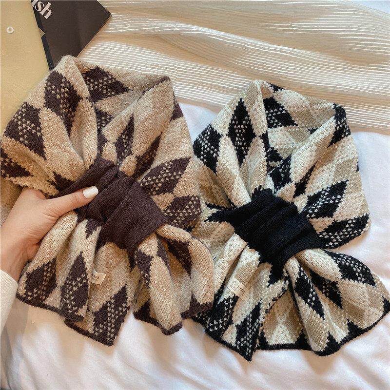 小围巾菱格短款女秋冬交叉针织围脖韩版拼色百搭冬天保暖懒人护颈