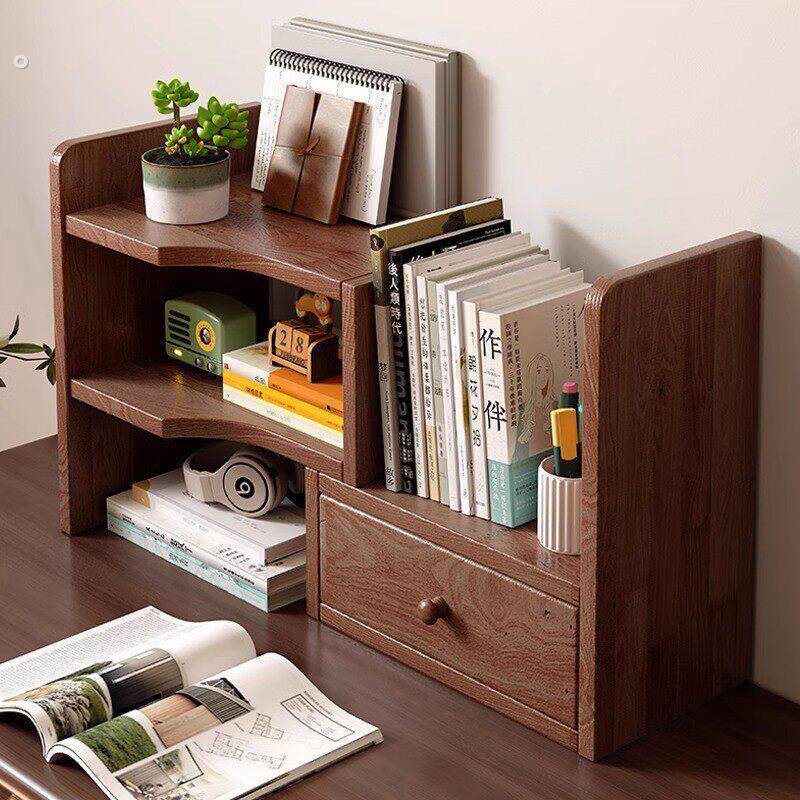 实木办公桌面置物架可伸缩收纳柜胡桃木色桌上小书架转角工位改造