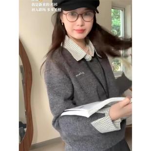 秋冬套头针织衫 领 复古宽松休闲上衣 拼接衬衫 〖egg鸡蛋〗假两件