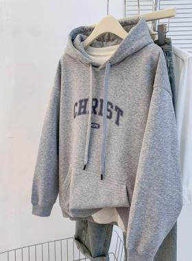 灰色连帽卫衣女2025新款秋冬宽松加绒加厚巨好看小个子上衣外套潮