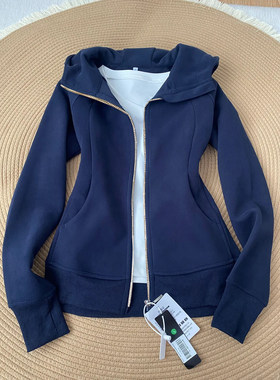 藏蓝色修身正肩卫衣短款外套女2025冬季加绒厚连帽收腰休闲上衣