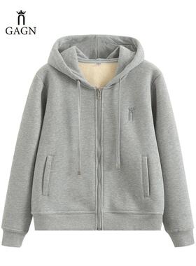 2025新款爆款加绒卫衣女 秋冬灰色连帽外套休闲开衫冬季拉炼上衣