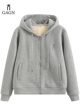 2025新款爆款加绒卫衣女 秋冬灰色连帽外套休闲开衫冬季拉炼上衣