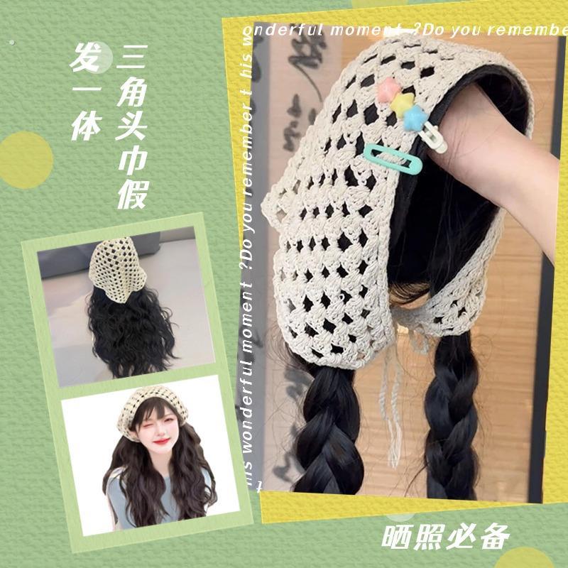 三角头巾假发一体女全头套田园慵懒风蝴蝶兰无痕隐形夏天发箍发饰