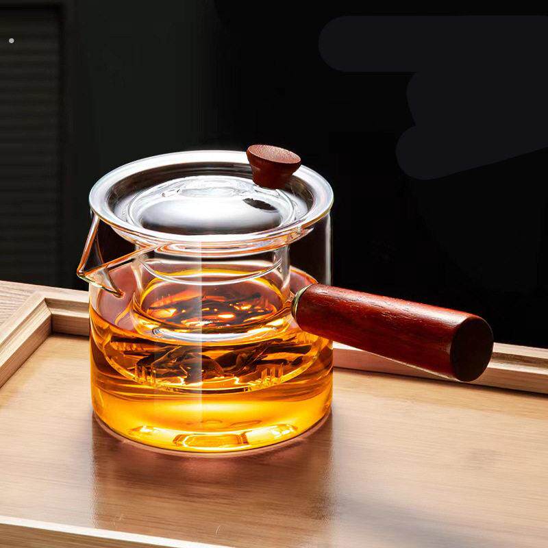 高硼硅玻璃直觉壶耐高温煮茶壶红檀木把手侧把壶黑晶炉煮茶器套装