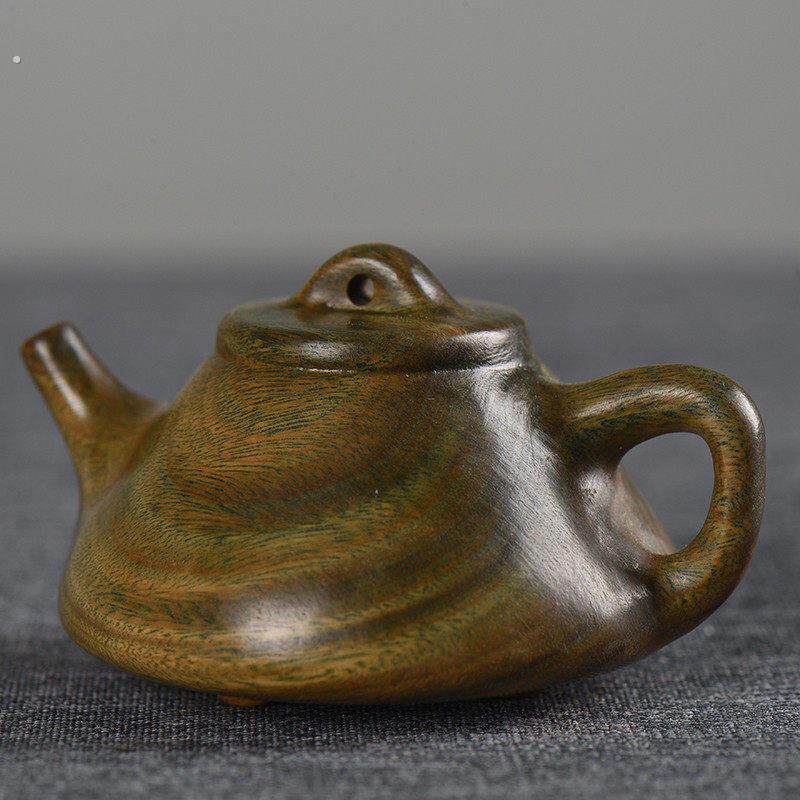 天然绿檀木雕刻茶壶手把件实木把把壶随身石瓢壶居家桌面装饰送礼