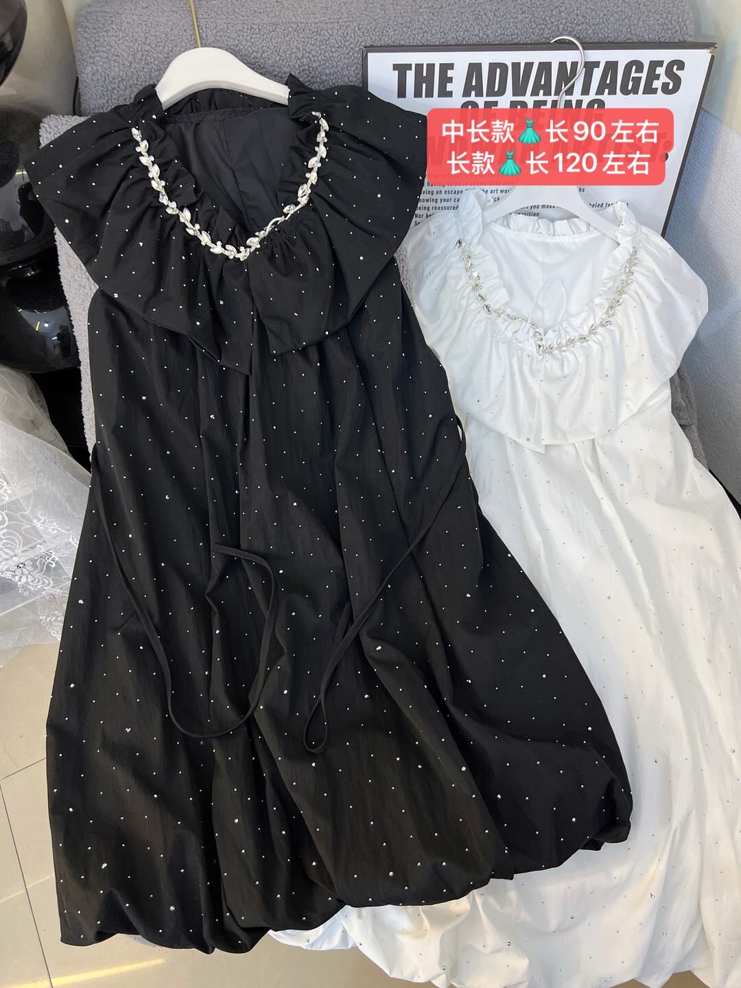 夏季甜美可爱花苞连衣裙女荷叶边水钻短裙无袖满天星烫钻收腰显瘦