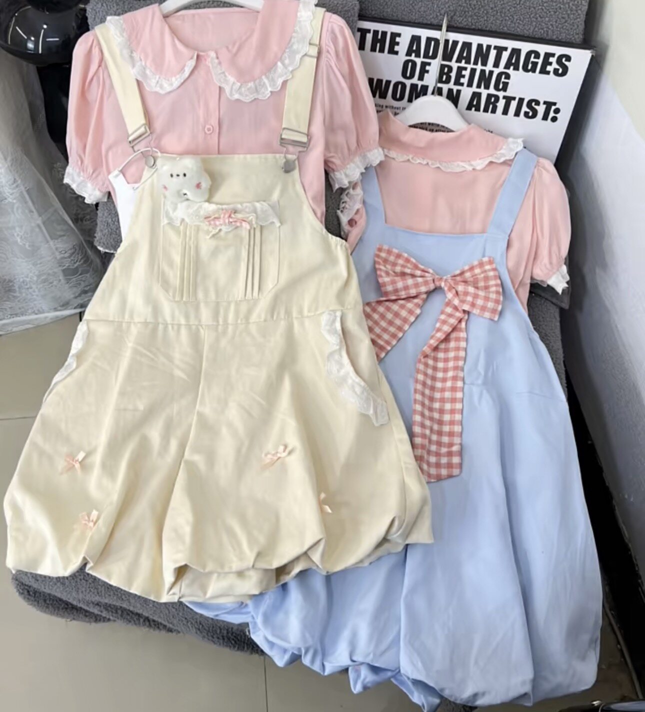 甜美可爱背带裤套装女娃娃领衬衫
