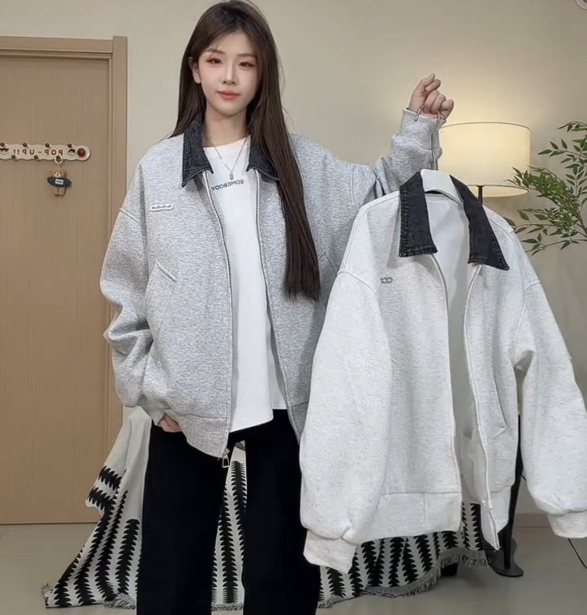 春秋季新款翻领卫衣外套女拉链开衫上衣男宽松百搭青少年学生夹克