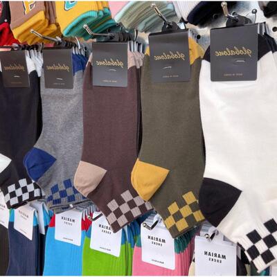 韩国男士春夏休闲百搭中筒袜棋盘格方格拼色潮流精梳棉男袜