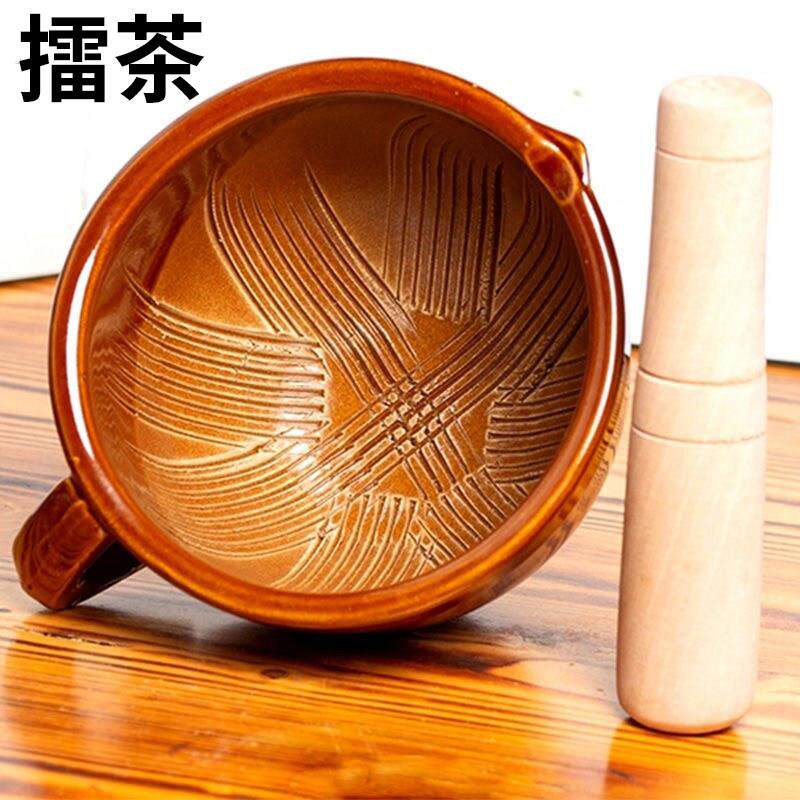 擂茶盆家用大号老式擂钵擂茶工具套装辣椒皮蛋手动研磨器粗陶捣蒜