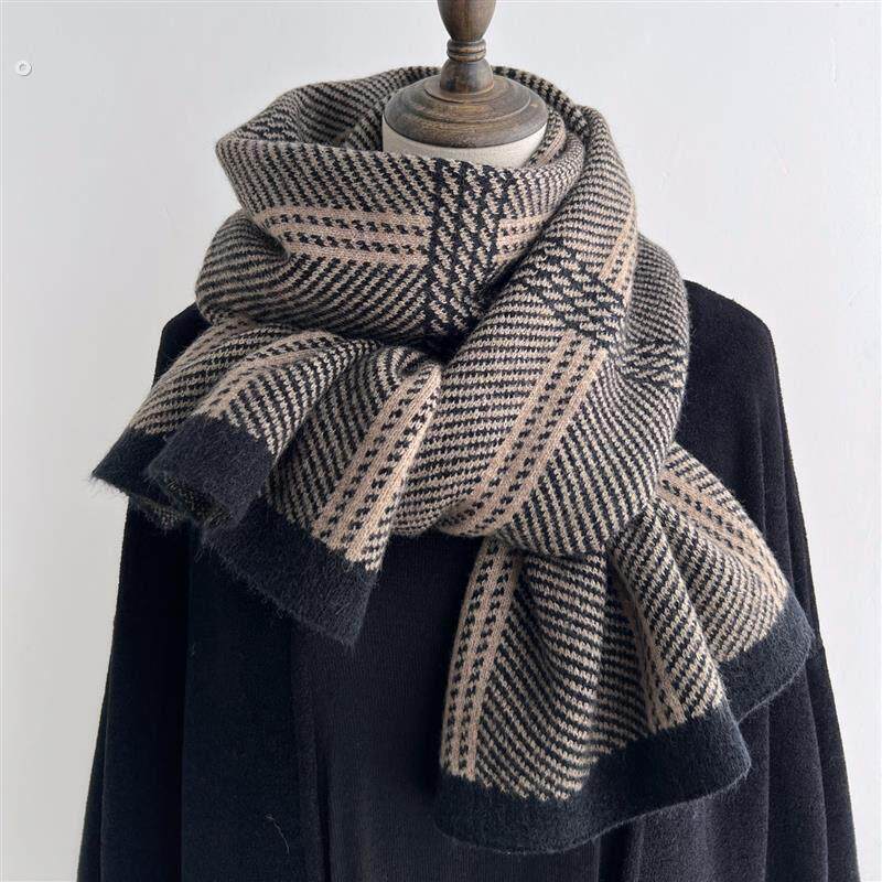 日系羊毛混纺保暖条纹拼色格子围巾女冬季氛围感韩系格纹高级感男