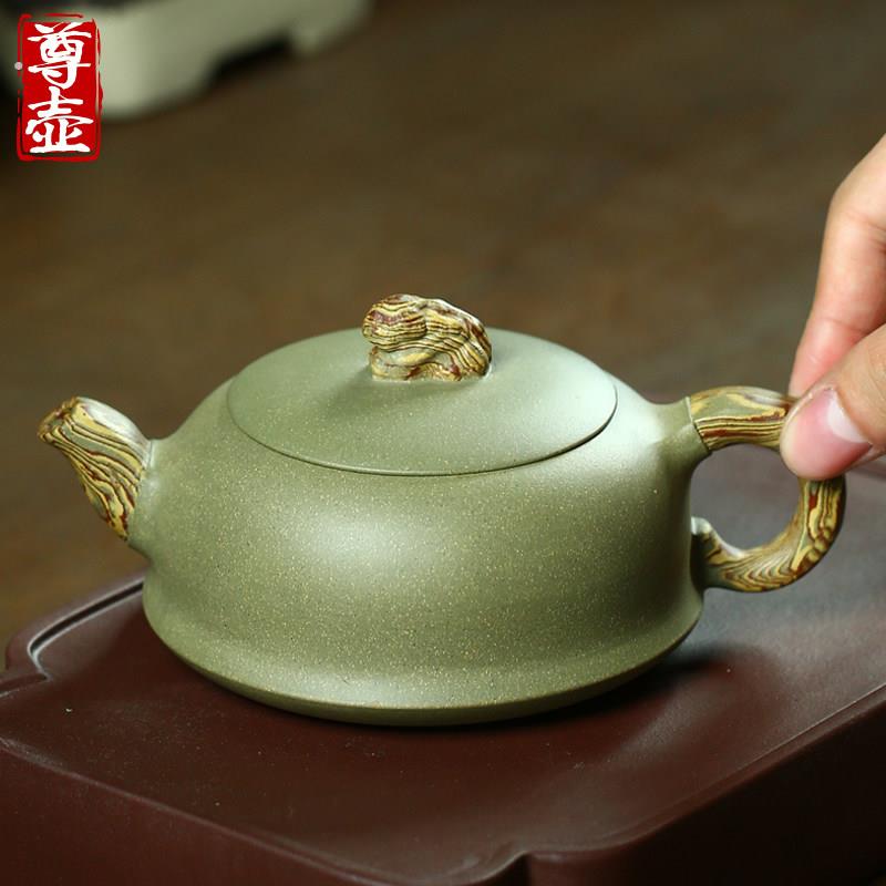 宜兴纯全手工紫砂壶名家正宗柱础壶豆青砂绞泥泡茶壶单壶茶具套组