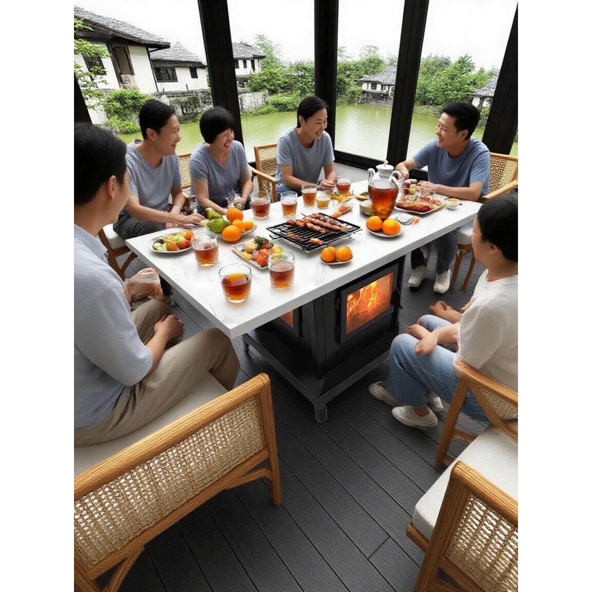 郎图特四面观火真火茶几壁炉地排烟客厅庭院长方形取暖炉烤火桌