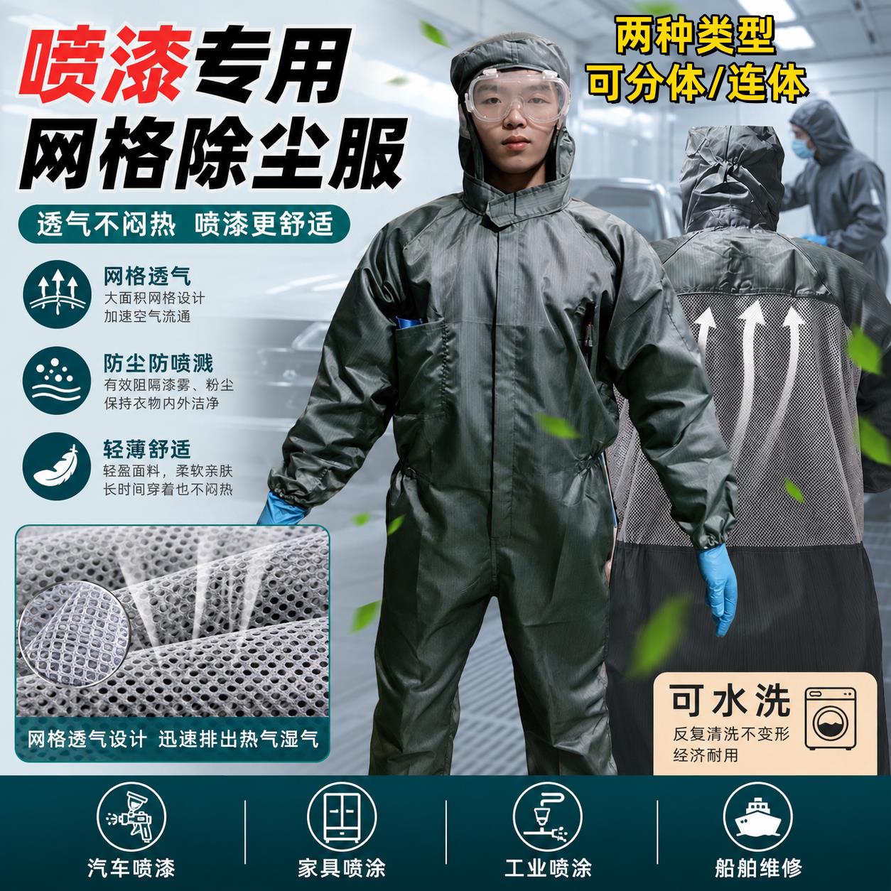 汽车夏天网格透气喷漆服防尘服清凉防水防静电耐磨耐脏连身防护衣