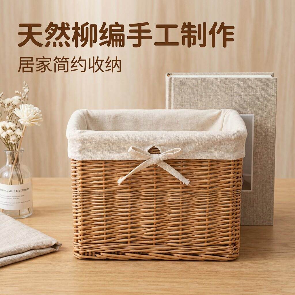 柳编收纳筐厨房储物筐杂物盒田园布艺盒网红化妆品整理箱水果篮子