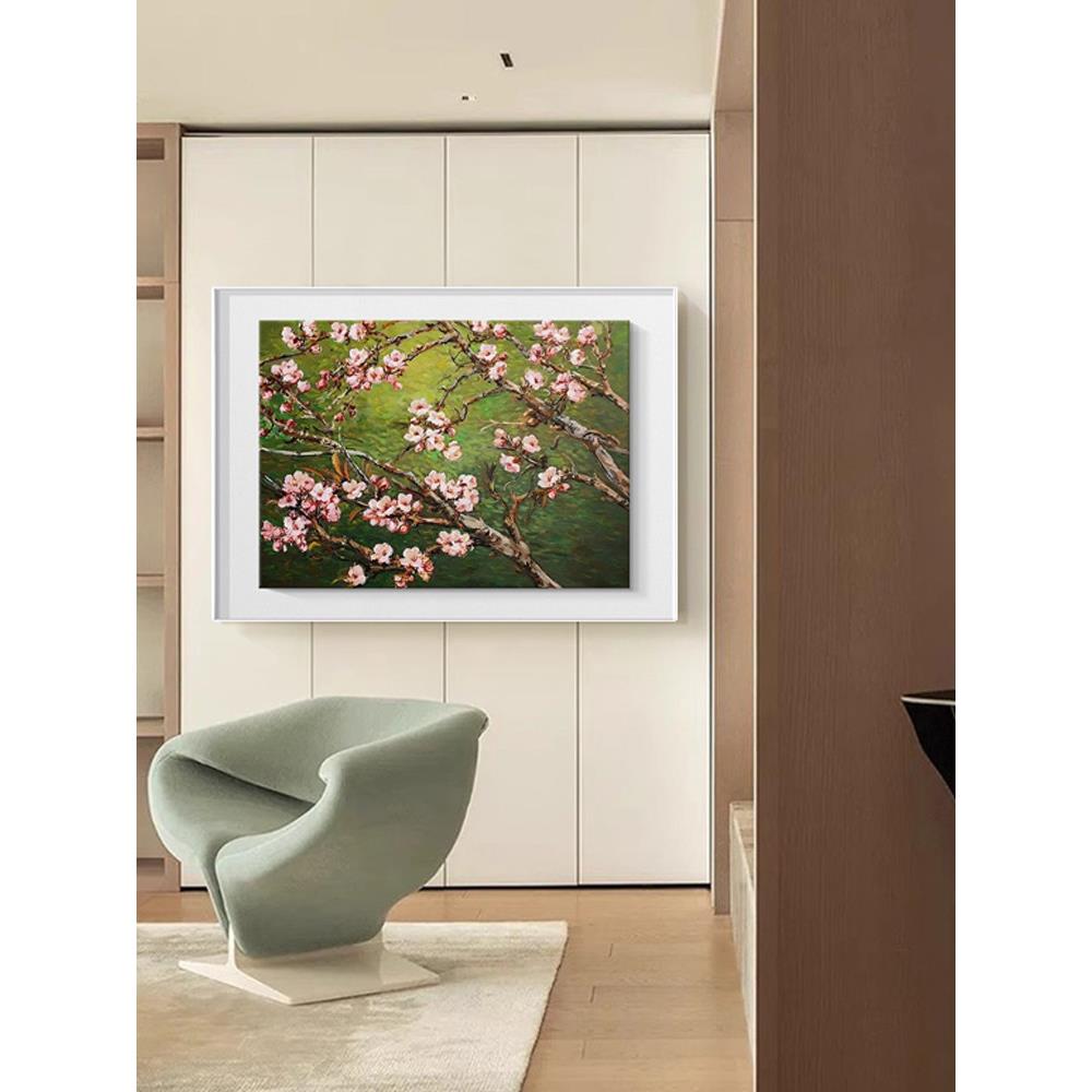 欧式覆古客厅装饰画高级绿色沙发背景墙壁画桃枝桃花卧室横幅挂画