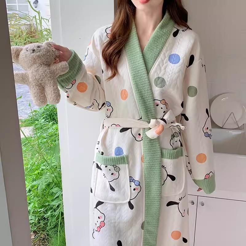 睡袍女秋冬季加厚夹层棉中长款系带浴衣浴袍冬天睡衣女家居服外套