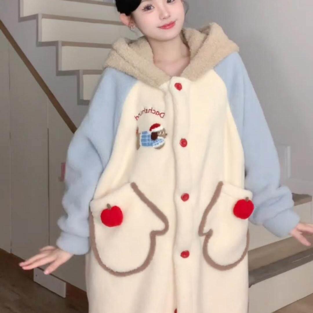 冬季腊肠狗珊瑚绒睡袍女冬款2024新款加绒加厚睡衣长袍家居服冬天
