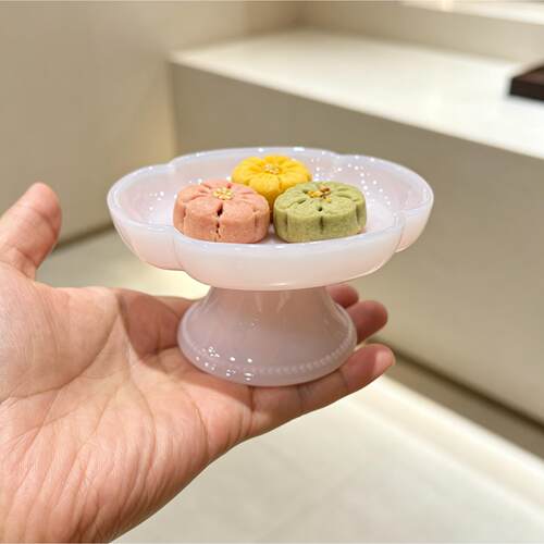 花边玻璃高脚点心盘中式粉色茶点盘首饰托盘碟子干泡壶承果盘摆件