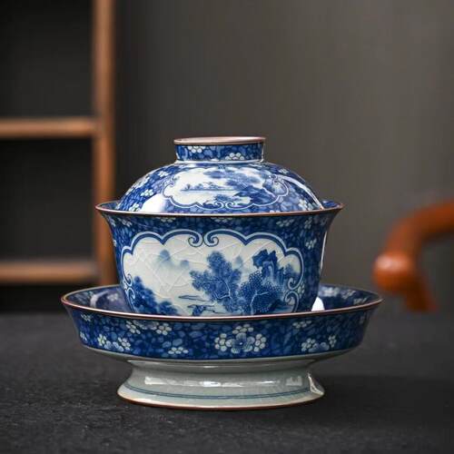 冰裂盖碗泡茶器家用陶瓷功夫茶具景德镇彷古青花山水杯子冰梅单壶