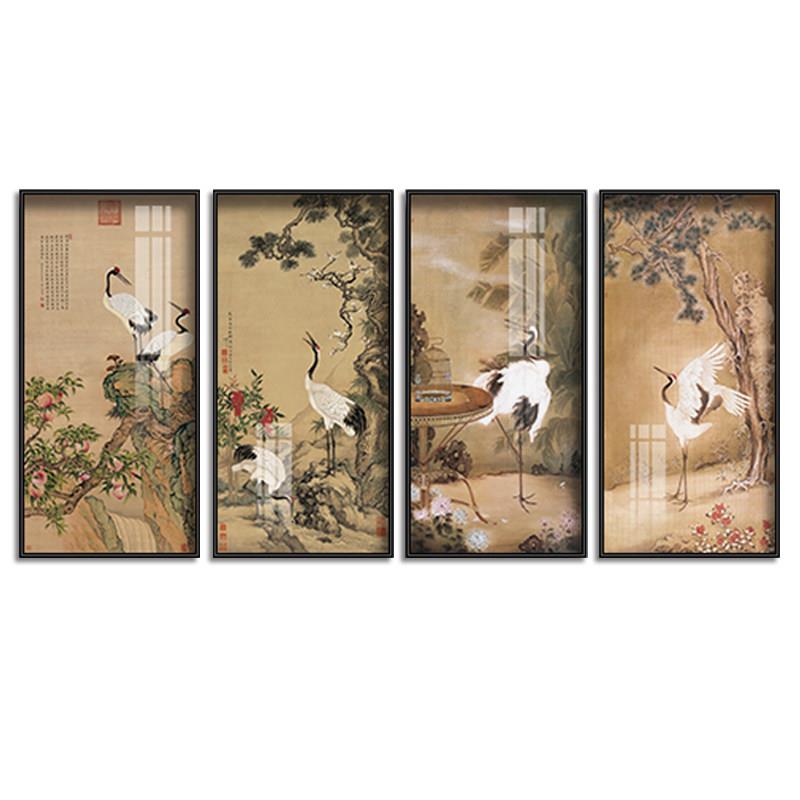 松鹤延年玄关挂画仙鹤图装饰画新中式客厅沙发背景墙四联花鸟壁画