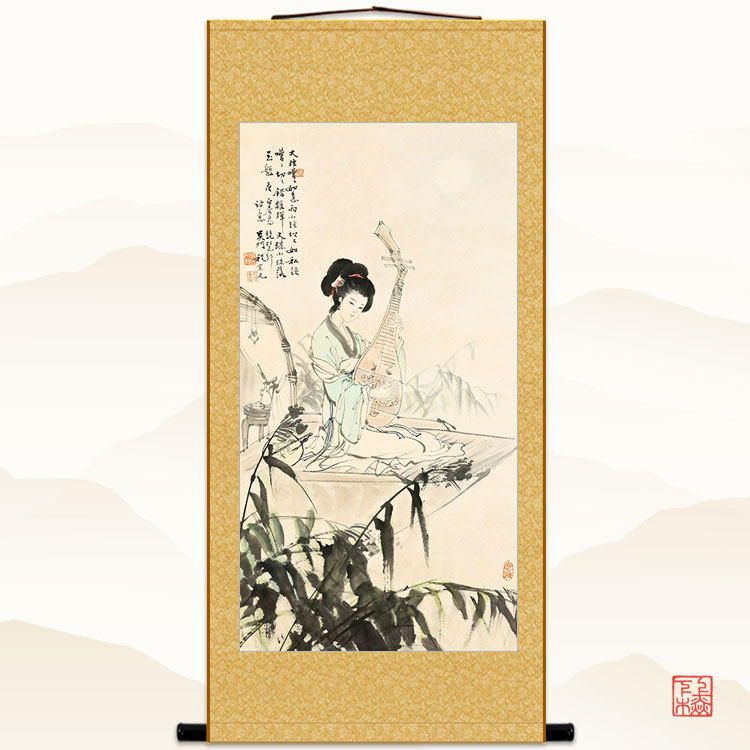 琵琶行白居易诗意 仕女弹琴图 中式复古卷轴挂画绢布画 定制订做