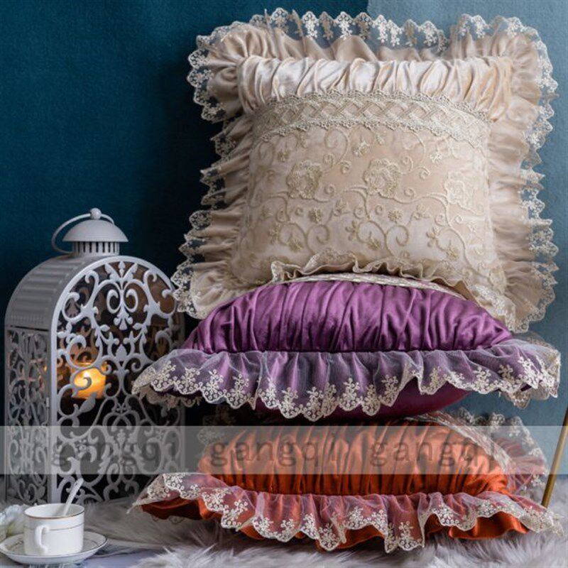 高档奢华金丝绒欧式宫廷蕾丝汽车沙发抱枕靠枕靠垫套子不含芯45杏