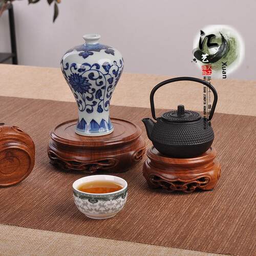 圆形实木如意纹紫砂茶壶铜香炉底座花瓶盆景花盆奇石佛像装饰木座