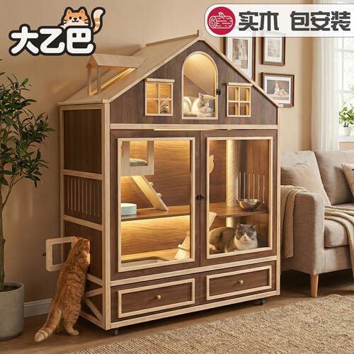 纯全实木猫别墅猫笼子超大带厕所家用猫屋室内猫城堡一体猫柜大型