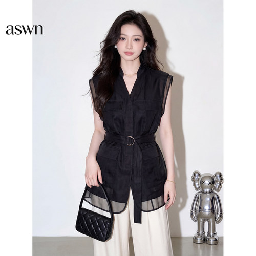 aswn夏款2026高端气质优雅简约风黑色上衣女时尚收腰显瘦无袖小衫