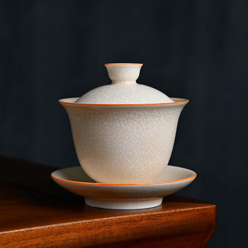 白瓷汝窑盖碗茶杯功夫茶具百级碎开片可养汝瓷不烫手泡茶碗敬茶碗
