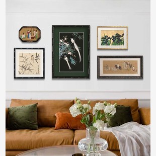 中古国风装饰画新中式法式复古花鸟人物挂画组合画客厅沙发壁画