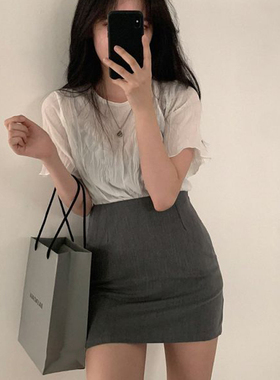 灰色西装包裙短款半身裙女夏薄款高腰a字紧身包臀一步裙ol职业黑