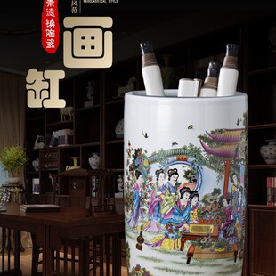 景德镇陶瓷书画缸大号仕女图粉彩瓷器居家装饰字画卷轴收纳桶摆件