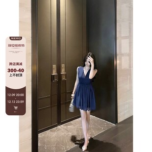 CCZEE漫步汉江畔 背心裙子 玛瑙蓝连衣裙女夏V领气质收腰显瘦无袖