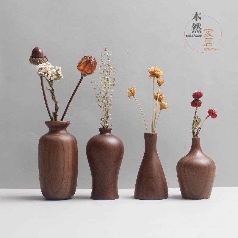 实木花瓶黑胡桃木小摆件木质工艺品家居装饰木制品新中式插花花器