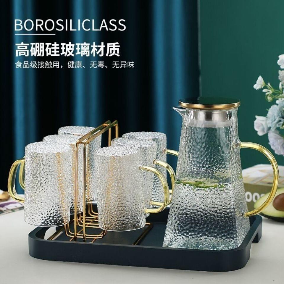 耐高温冷水壶锤纹玻璃杯带把手水杯茶杯北欧风冷水壶套装家用茶具
