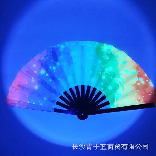 现货款10寸黑竹骨 牛津布UV油墨印刷的扇子 多色荧光可选