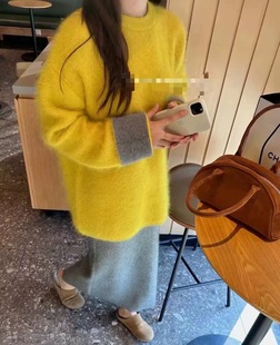 韩女风宽松慵懒感软糯拉毛拼袖 毛衣