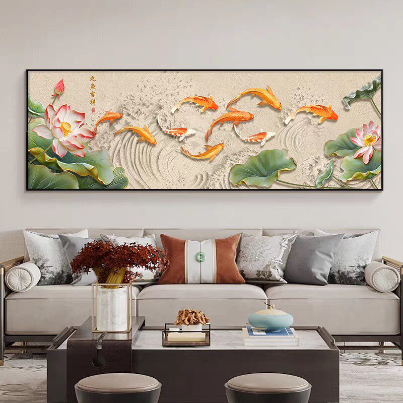 中式壁画客厅沙发挂画九鱼图装饰画新横版博士招财背景墙高端荷花